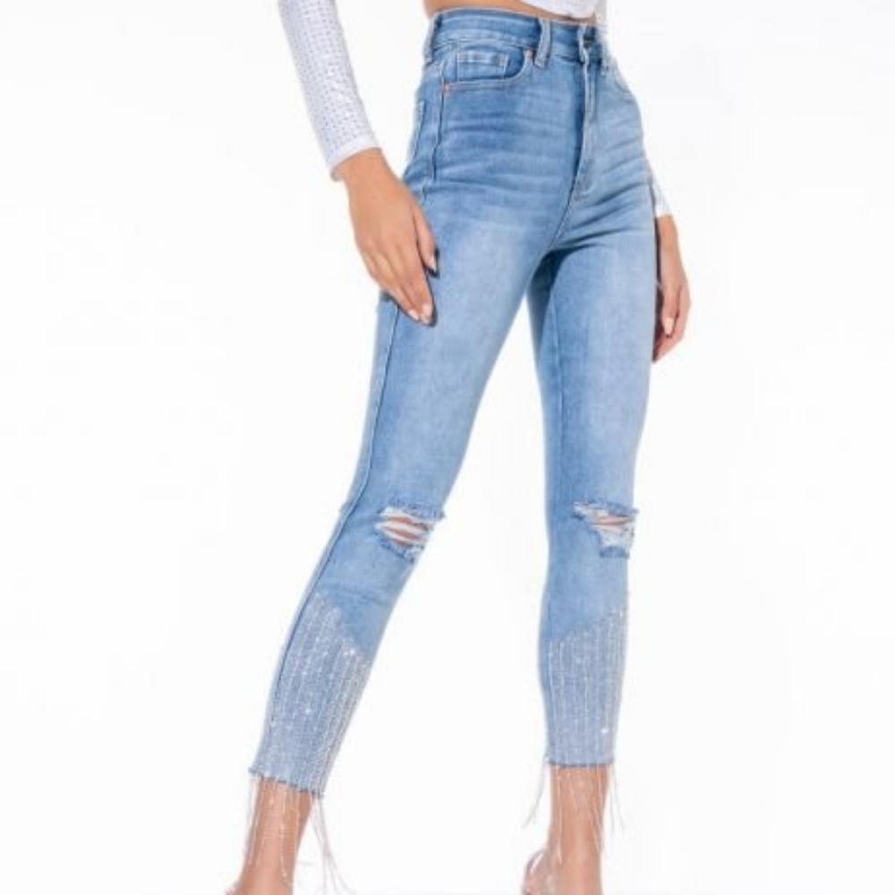 AKIRA Label Too Good High Waisted Rhinestone Fringe Skinny Jeans
